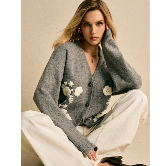Gray Knit Oversized Cardigan White Floral Embroidery Button Down - Picture 2 of 10